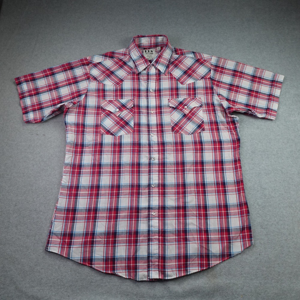 Ely Cattleman Shirt Mens L Red Plaid Short Sleeve Western Snap Cowboy Rodeo